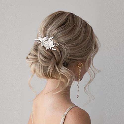 JONKY сватбена гребен за коса с цветя модел, сребърни странични гребени за коса, кристален сватбена прическа, аксесоари