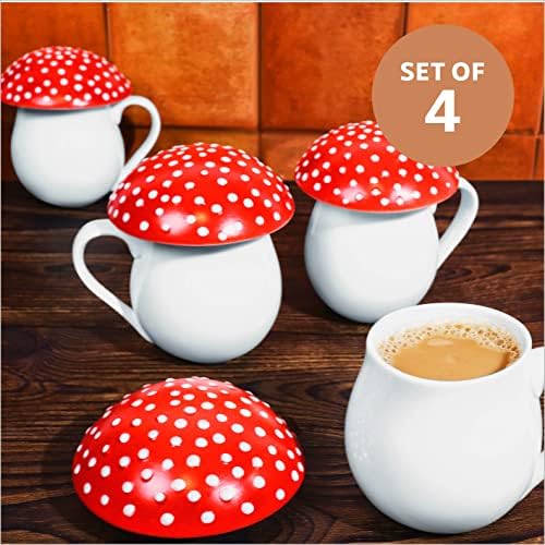 Чаши с гъби Upper Midland Products | Керамични Кафеена чаша с гъби и капак | Комплект от 4 чаши с гъби