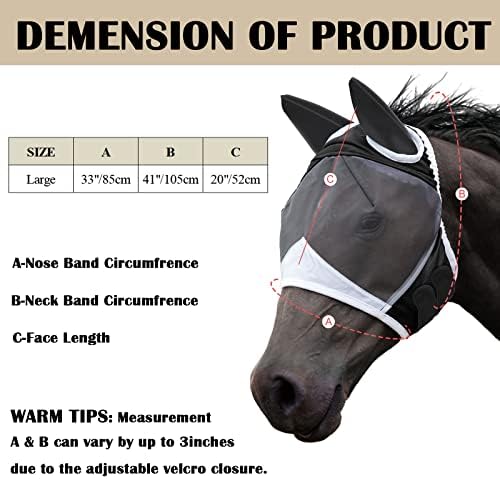 Маска от мухи с уши за коне, Мека Еластична Мрежа маска за лице Кон, Дишаща Защита на очите, Маска за Мухи, UV-защита, за да проверите за коне (Черен, L)