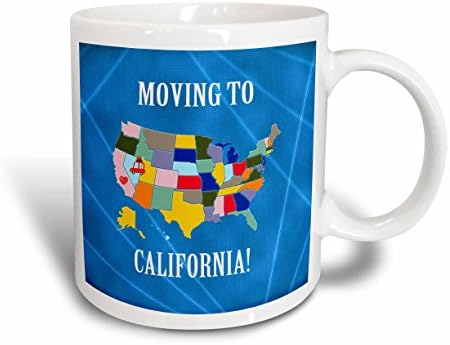 Карта на Съединените Щати 3dRose, Преместване в Калифорния, Сърцето и Автомобил с Керамична чаша за багаж, 11 грама, Бял