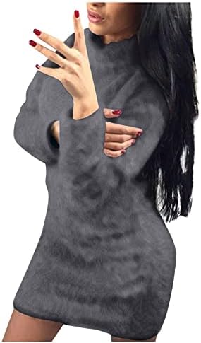 Женствена Рокля-пуловер Миди с кръгло деколте и Дълъг Ръкав, Плюшевое Рокля-Пуловер с намаляване на врата, Рокля-Пуловер, Възли Рокли