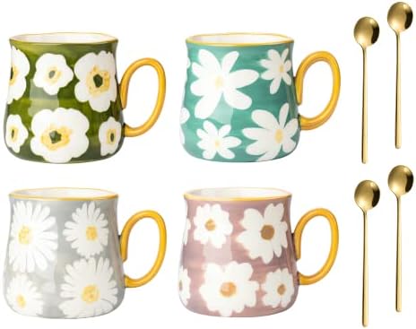 Комплект Керамични чаши Кафе на FIGHVER, Порцеланови чаши Чай обем 4, 16 унции с Цветя модел, Керамични Чаши, ръчно