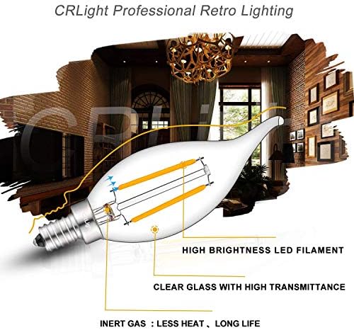 CRLight 2W 250LM Led лампа-Канделябр с регулируема яркост 2500 К Топъл бял цвят, 25 W, Еквивалент на led лампи-свещи, базирани на E12, Антични лампи-полилеи от прозрачно стъкло във ф?