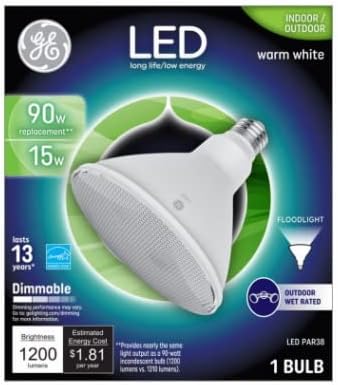 Led прожекторные лампи GE Lighting, 15 W (което се равнява на 90 W), Топло Бяло, Средна База, Лампа за външни прожектори PAR38, с регулируема яркост (1 опаковка)