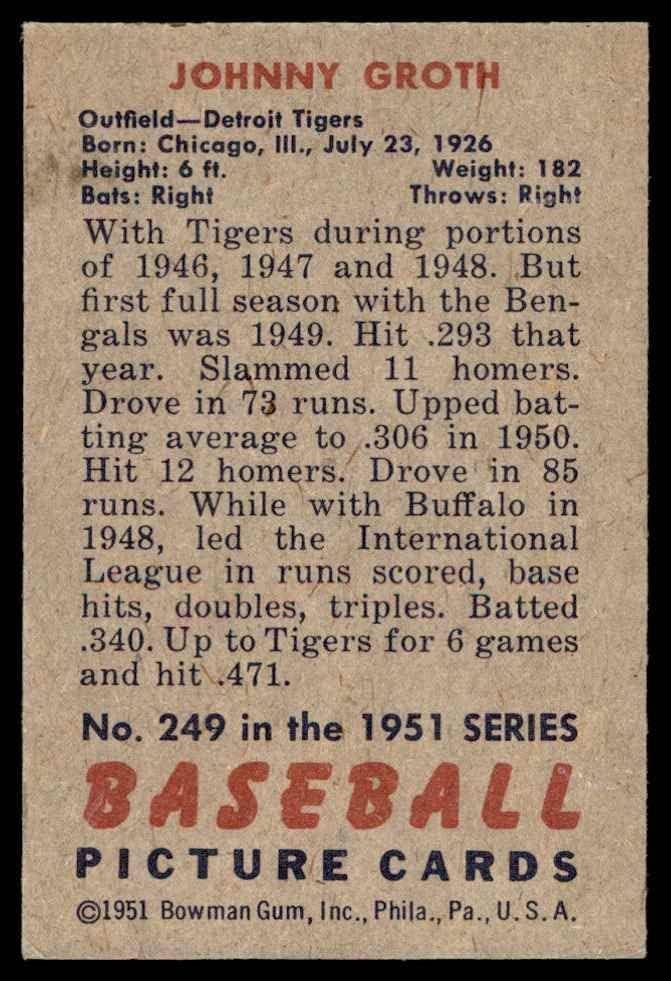 1951 Боуман 249 Джони Пещера Детройт Тайгърс (Бейзболна картичка) EX/MT Тайгърс