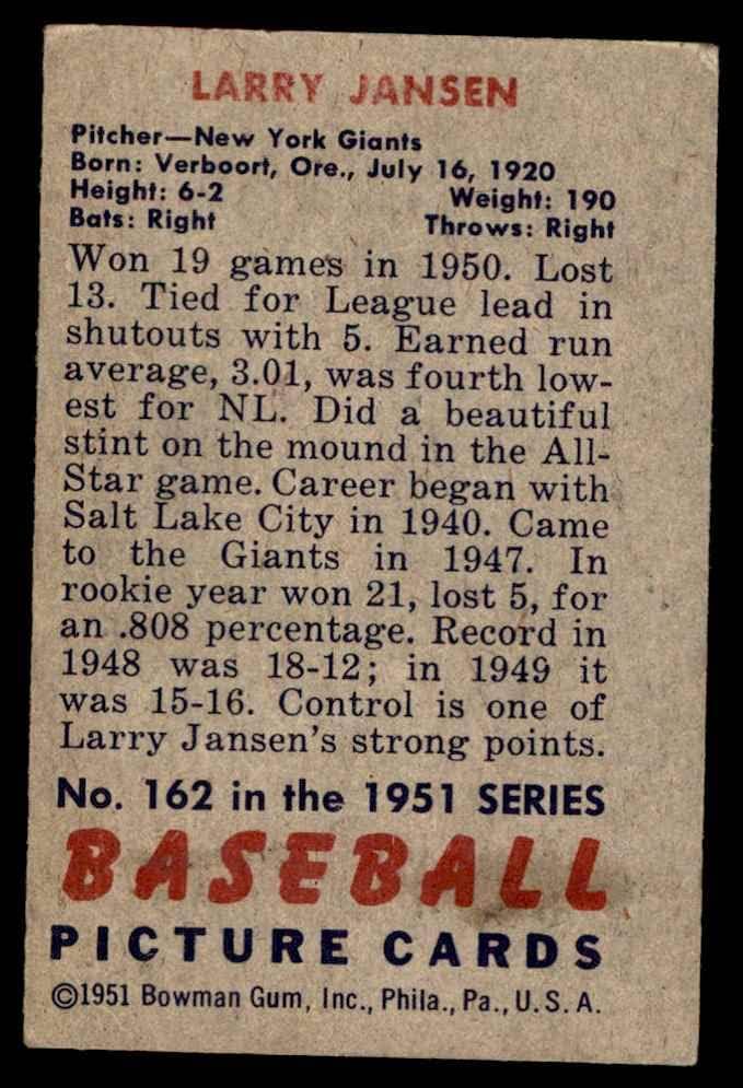 1951 Боуман # 162 Лари Янсен Ню Йорк Джайентс (бейзболна картичка) ДОБРИ Джайентс