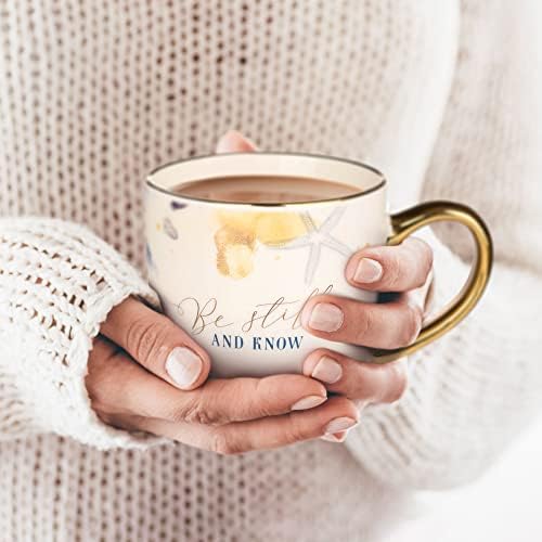 Християнски Художествени подаръци, Вдъхновяваща Керамична Чаша за кафе и чай със злато за жени: Бъдете спокойни и знайте - Стих от Библията Псалм 46:10, на Новост, Чаша