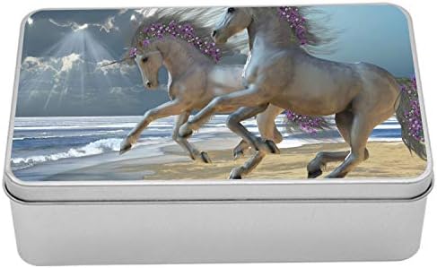 Метална кутия за коне Ambesonne, Тичат конете на брега на морето с Декорирани цветя Люляк Грива Под Греди, Многоцелеви