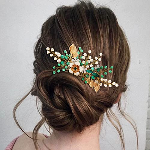 Плосък сватбена гребен за коса от зелен кристал, златни цветя, странични гребени за коса на булката, булчински аксесоари за коса от прозрачни мъниста за жени