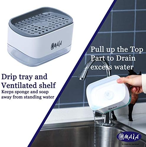 Опаковка кухненския сапун OMAIA 2-в-1 с притежателя на гъба - Опаковка течност за миене на съдове за кухня - Умни