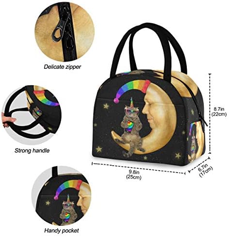 Случайна чанта за обяд Жена - Котка Еднорог Луната Звездите Голяма Запечатани Кутия за Обяд с плечевыми ремъци за