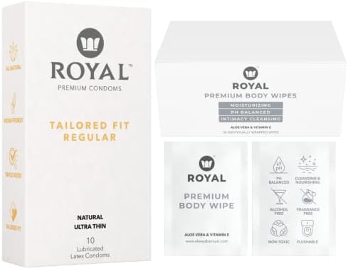 Royal Premium Tailored Fit-Тънки Веганские Латексови Презервативи за мъже 10 Опаковки и Смываемые Почистване Кърпички