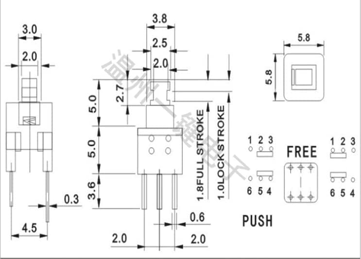 10ШТ KFT-5.8 A 5,8X5,8 мм самостоятелно блокиране на преминаването 6Pin натиснете lock DPDT Малък Микро бутон превключвател - (Цвят: висока корона)
